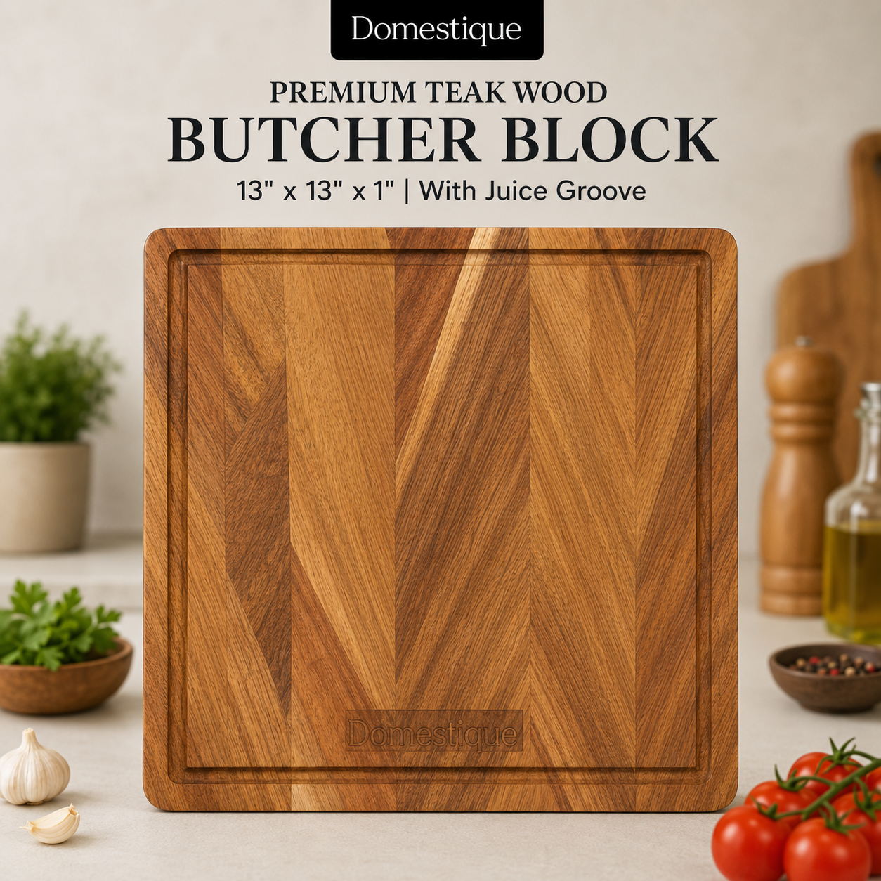 Domestique End Grain Teak Wood Butcher Block Cutting Board with Juice Groove – 13" x 13" Premium Chopping Block