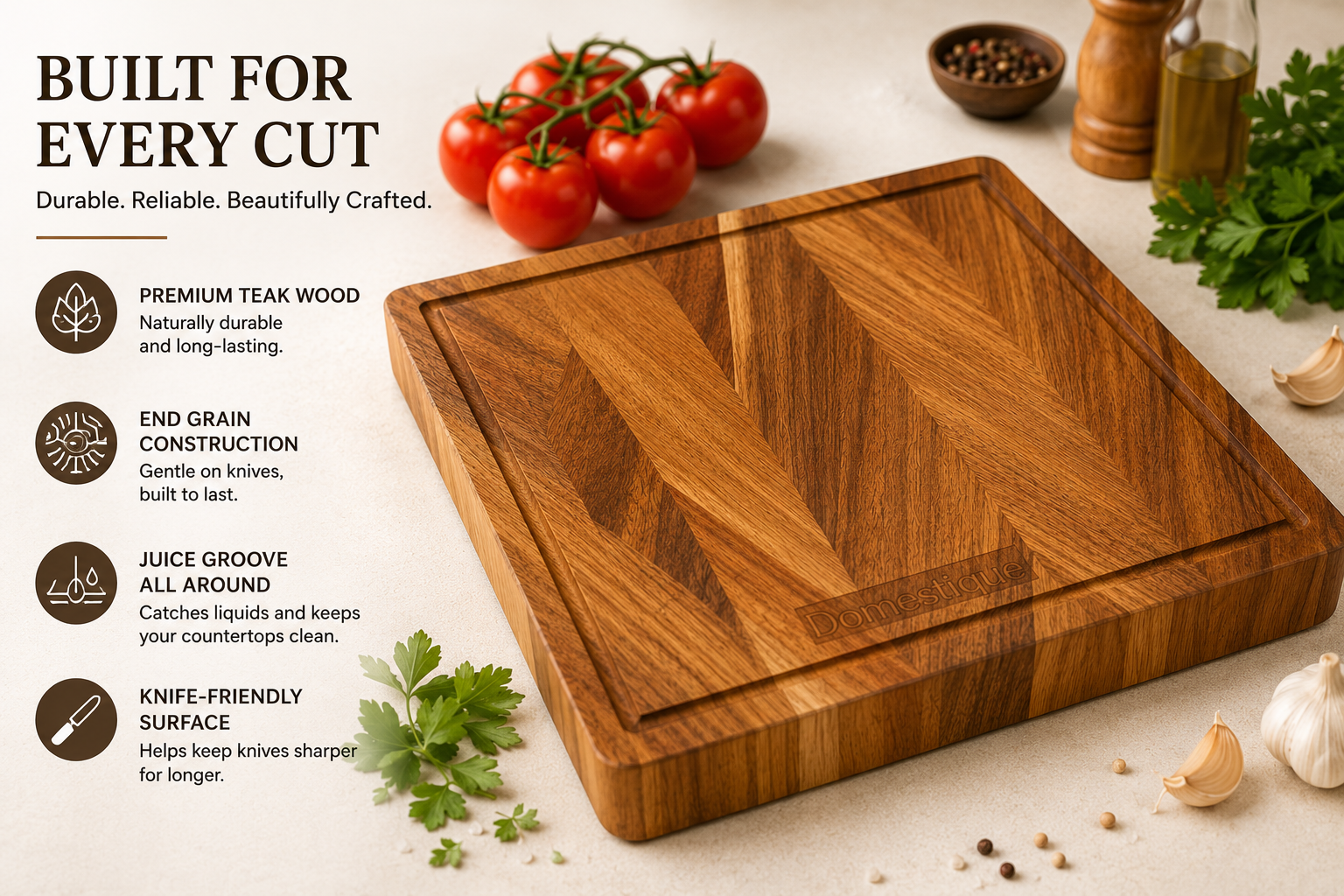 Domestique End Grain Teak Wood Butcher Block Cutting Board with Juice Groove – 13" x 13" Premium Chopping Block