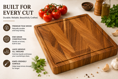 Domestique End Grain Teak Wood Butcher Block Cutting Board with Juice Groove – 13" x 13" Premium Chopping Block