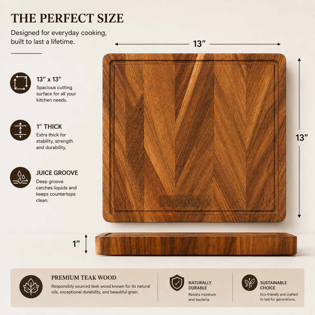 Domestique End Grain Teak Wood Butcher Block Cutting Board with Juice Groove – 13" x 13" Premium Chopping Block