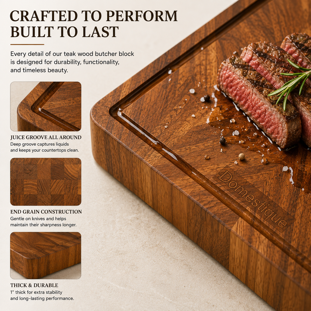 Domestique End Grain Teak Wood Butcher Block Cutting Board with Juice Groove – 13" x 13" Premium Chopping Block