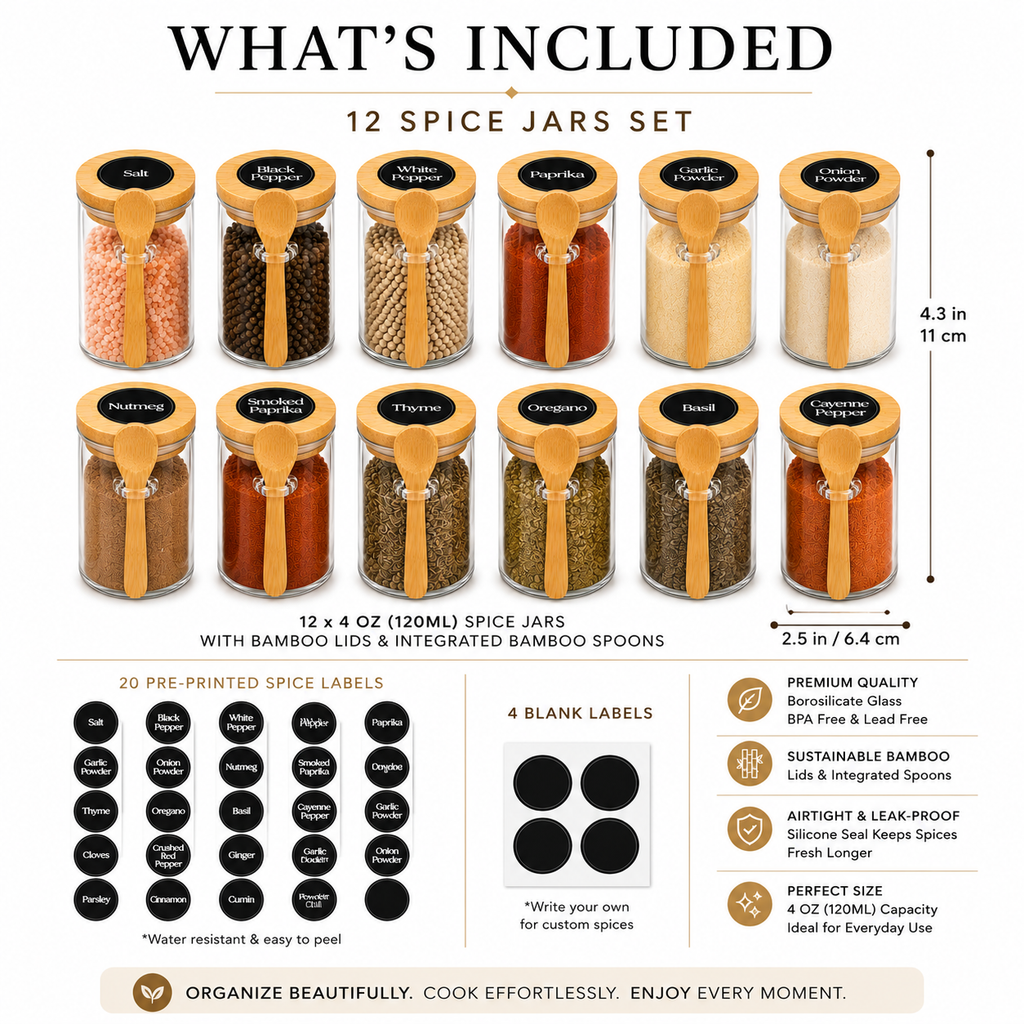 Glass Spice Jar Set with Bamboo Lids & Spoons – Refillable Seasoning Containers with 20 Pre-Printed Labels & 4 Blank Labels for Organized Kitchen Storage