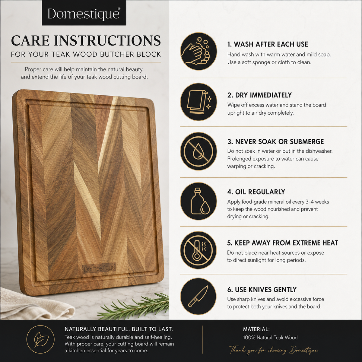 Domestique End Grain Teak Wood Butcher Block Cutting Board with Juice Groove – 13" x 13" Premium Chopping Block