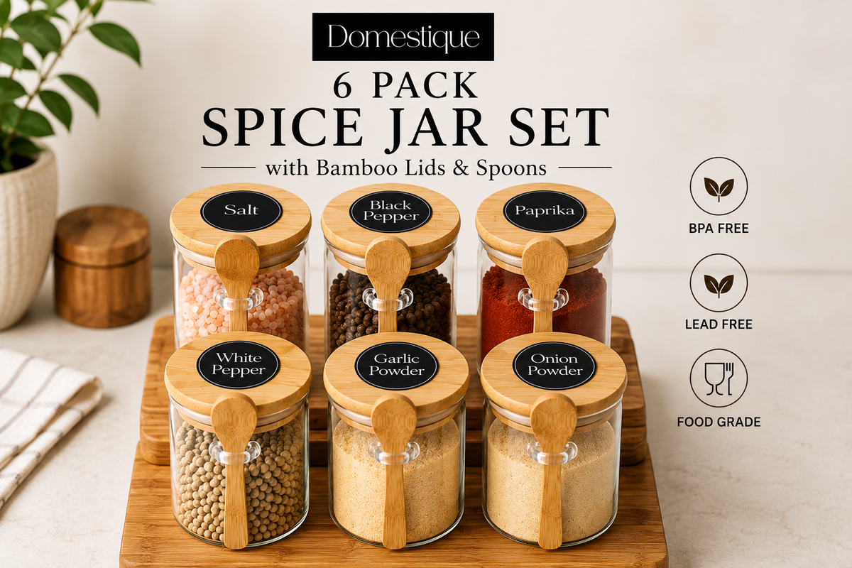 Glass Spice Jar Set with Bamboo Lids & Spoons – Refillable Seasoning Containers with 20 Pre-Printed Labels & 4 Blank Labels for Organized Kitchen Storage
