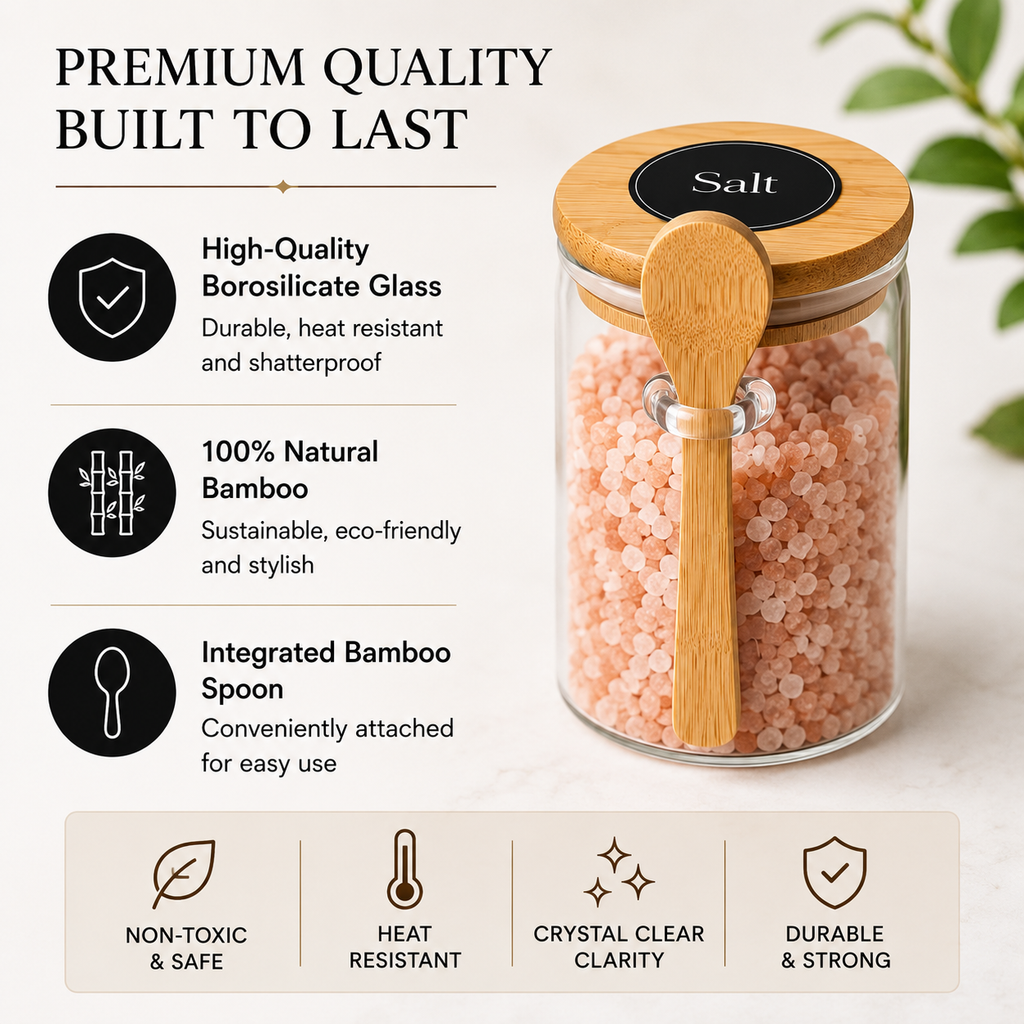 Glass Spice Jar Set with Bamboo Lids & Spoons – Refillable Seasoning Containers with 20 Pre-Printed Labels & 4 Blank Labels for Organized Kitchen Storage