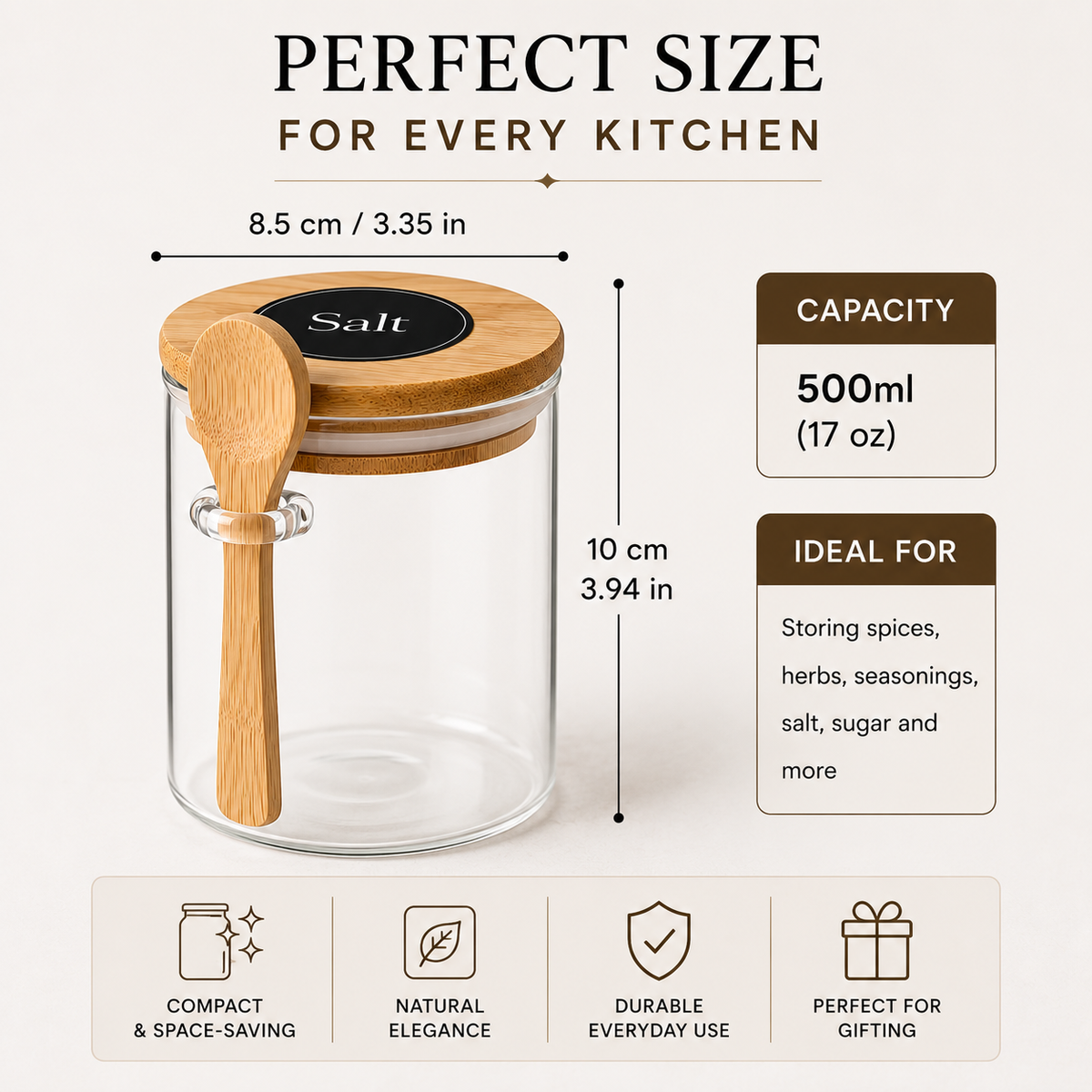 Glass Spice Jar Set with Bamboo Lids & Spoons – Refillable Seasoning Containers with 20 Pre-Printed Labels & 4 Blank Labels for Organized Kitchen Storage