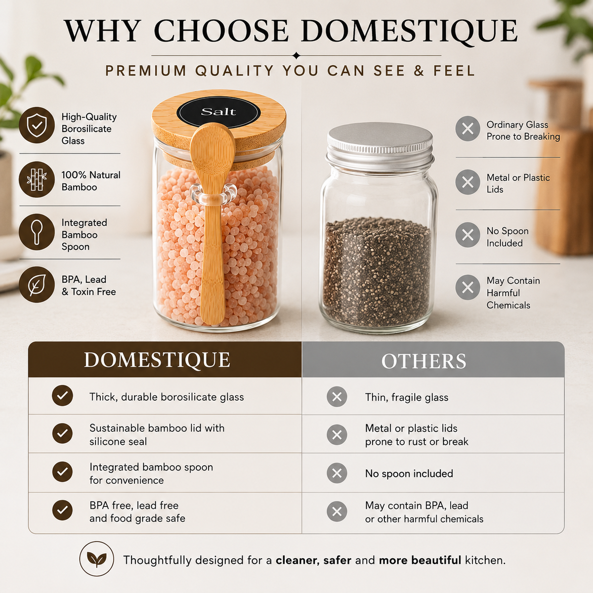 Glass Spice Jar Set with Bamboo Lids & Spoons – Refillable Seasoning Containers with 20 Pre-Printed Labels & 4 Blank Labels for Organized Kitchen Storage