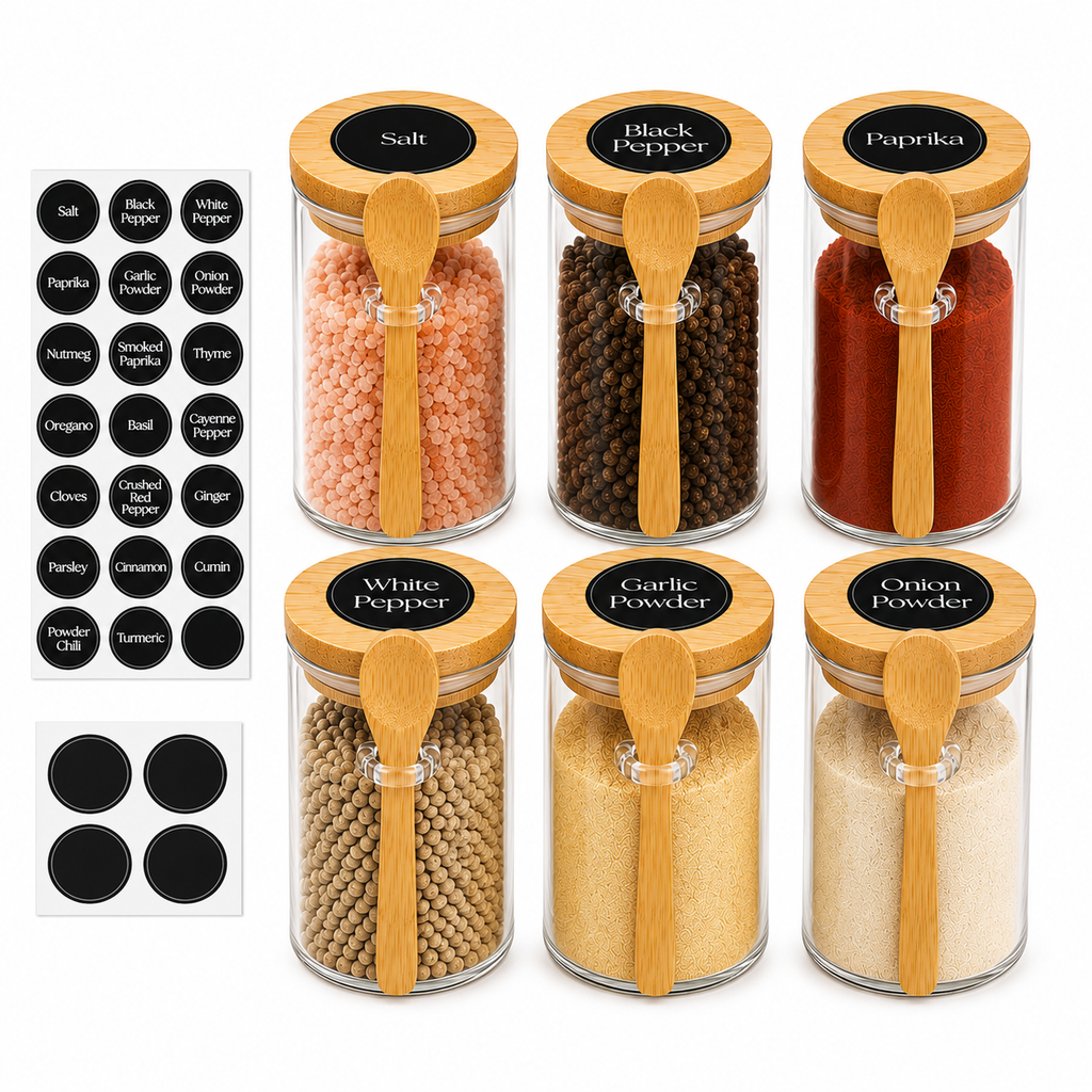 Glass Spice Jar Set with Bamboo Lids & Spoons – Refillable Seasoning Containers with 20 Pre-Printed Labels & 4 Blank Labels for Organized Kitchen Storage