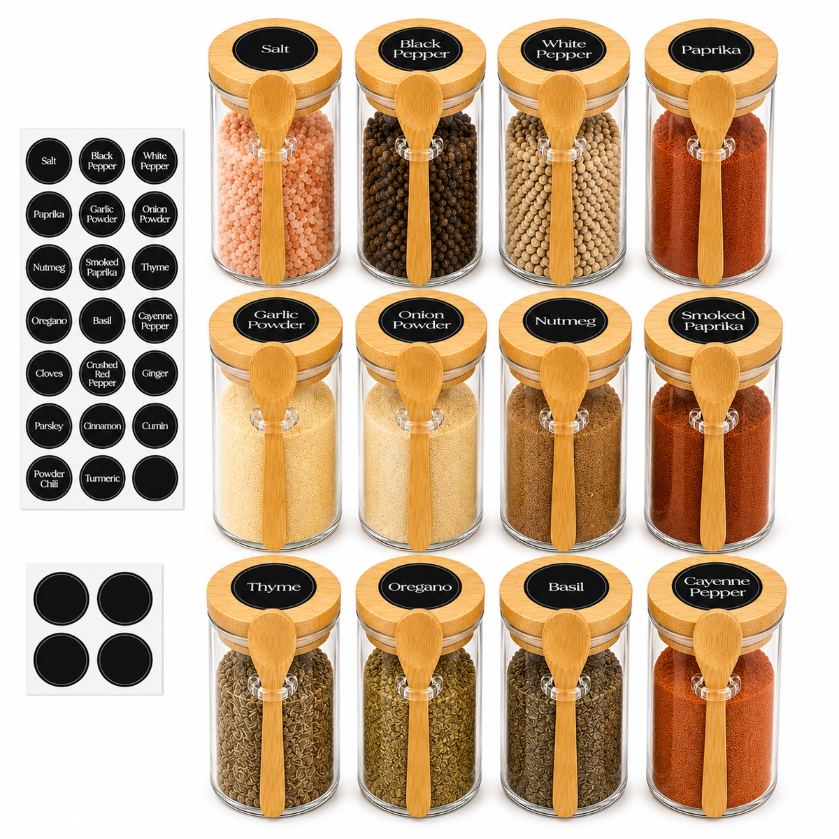 Glass Spice Jar Set with Bamboo Lids & Spoons – Refillable Seasoning Containers with 20 Pre-Printed Labels & 4 Blank Labels for Organized Kitchen Storage