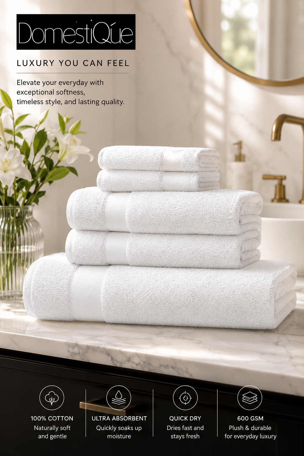 Luxury 100% Cotton Towel Set – 2 Face Towels, 2 Hand Towels, 2 Body Towels (White, 600 GSM)