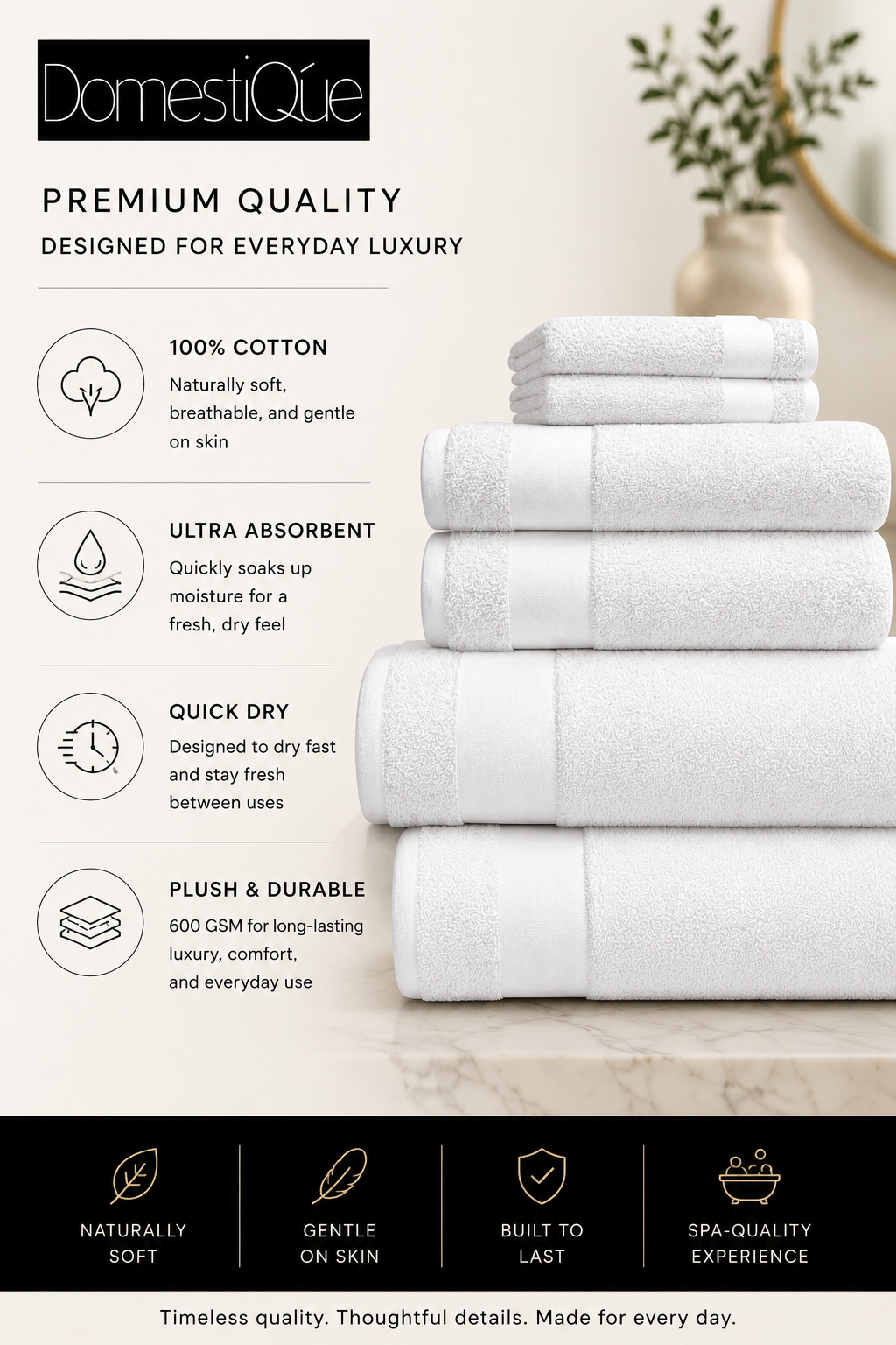 Luxury 100% Cotton Towel Set – 2 Face Towels, 2 Hand Towels, 2 Body Towels (White, 600 GSM)
