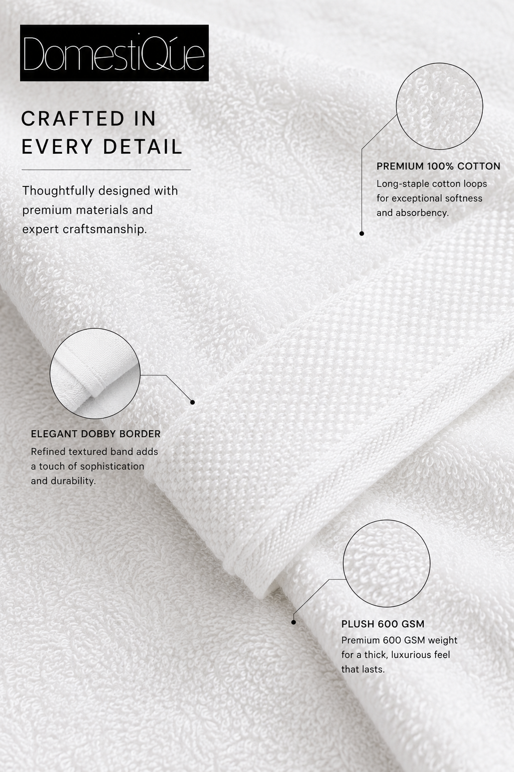 Luxury 100% Cotton Towel Set – 2 Face Towels, 2 Hand Towels, 2 Body Towels (White, 600 GSM)
